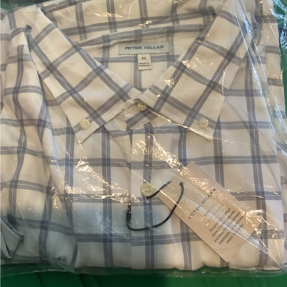 Peter Millar Men's Blue and White Check Shirt with Logo